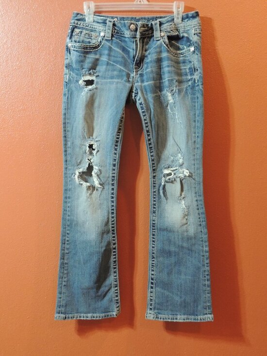 Miss Me Denim - Miss Me Jeans Signature Bootcut Woman 29 Blue White Pocket Distressed Denim Jean